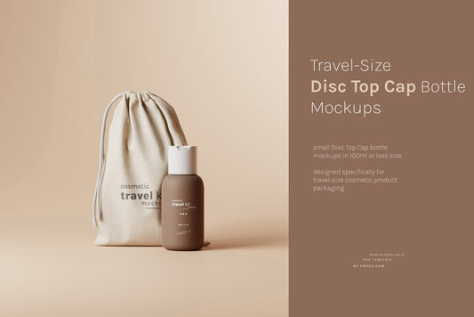 Travel-Size Small Disc Top Cap Cosmetic Bottle Mockups